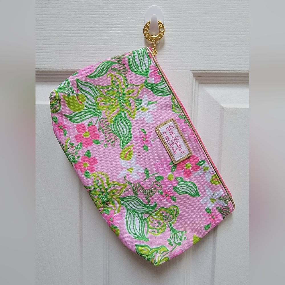 Lily Pulitzer For Estee Lauder Pink and Green Floral Zip Up Cosmetic Bag